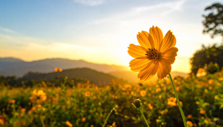 Yellow cosmos flower in the garden with sunset, Mae Hong Son, Thailand.の素材