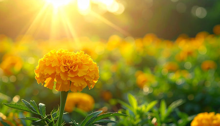 Beautiful marigold flower in the garden with sunlight background.の素材
