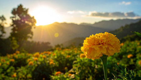Marigold flower on the mountain with sun light and blur backgroundの素材