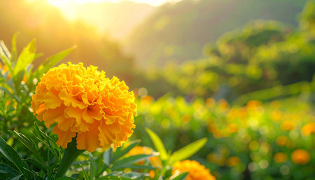 Marigold flower in the garden with morning sunlight, nature backgroundの素材