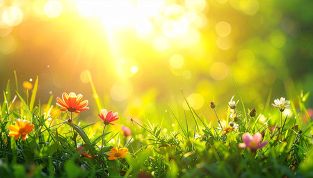 summer meadow with daisies and sun rays, nature backgroundの素材