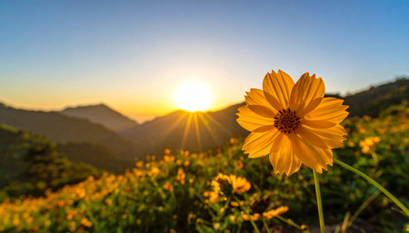 Beautiful yellow flower in the morning with sun light and mountain backgroundの素材
