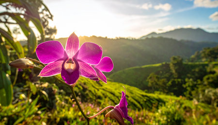 Beautiful purple orchid flower on the background of the mountains.の素材