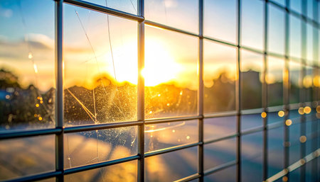 Cobwebs on the windows of a building in the rays of the setting sunの素材