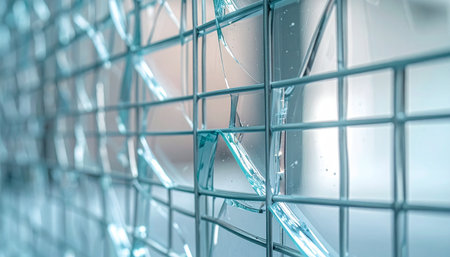 Broken glass on the blue background. 3d render illustration.の素材