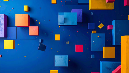 Abstract colorful geometric shapes on blue background. 3d render illustration.の素材