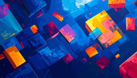 abstract 3d illustration of multicolored cubes on a dark backgroundの素材