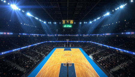 Basketball arena with bright floodlights and lights. 3d renderingの素材