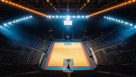 basketball arena with floodlights and seats, view from above, sport backgroundの素材