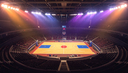 Basketball arena with floodlights and seats in the evening, Thailandの素材