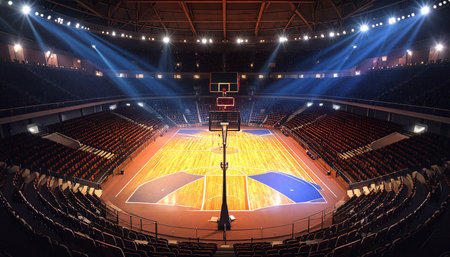 Interior view of empty basketball arena with floodlights and seats.の素材