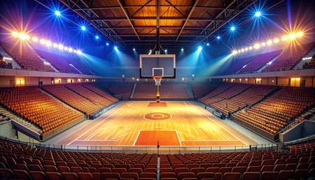 3D render of beautiful sports arena for basketball with floodlights and seatsの素材
