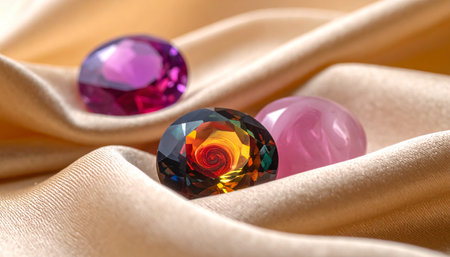 Colorful gems on satin background, close-up view.の素材