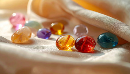 Colorful glass marbles on white fabric background, shallow depth of fieldの素材