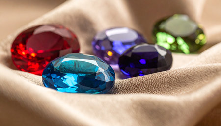 Colorful diamonds on the fabric background. Macro shot with shallow depth of fieldの素材