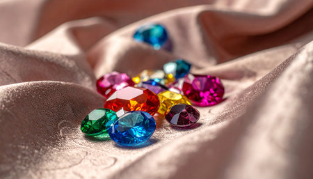 Colorful gems on fabric background close up, shallow depth of fieldの素材