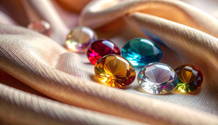 colorful gems on satin background, closeup photo with shallow depth of fieldの素材