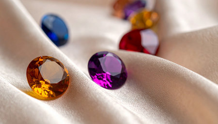 Colorful gems on a white satin background close-up.の素材