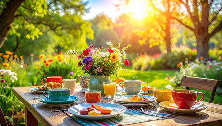 Breakfast in the garden on a sunny summer day. Cup of coffee, croissants, jam, orange juice, fruits and flowersの素材