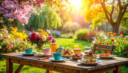 Breakfast in the garden with a cup of coffee, croissants, fruit and flowersの素材
