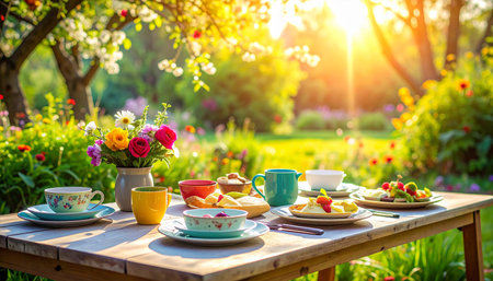 Breakfast in the garden. Cup of coffee, croissants, fruits and flowers on a wooden table.の素材