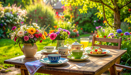 Beautiful table setting for breakfast in the garden with flowers and teapotの素材