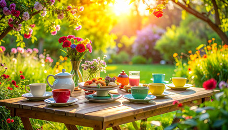 Coffee and tea on the table in the garden at sunsetの素材