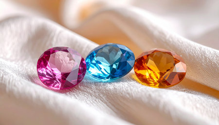 Colorful sapphires on a white satin background.の素材