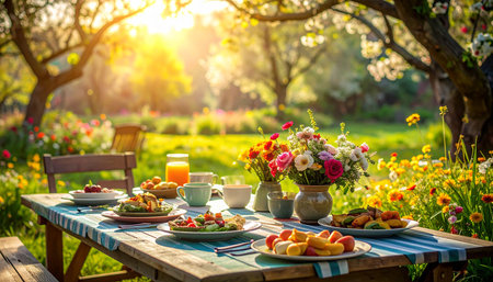 Table set for breakfast in the garden with fruits, croissants and juiceの素材