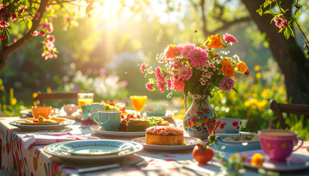 Breakfast in the garden. Table with food and flowers. Selective focus.の素材