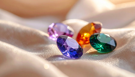 wedding rings with colored stones on a satin background.の素材