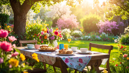 Breakfast with coffee, croissants and juice on table in gardenの素材