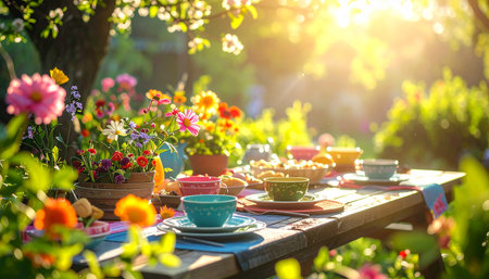 Table with flowers in the garden. Selective focus. nature.の素材