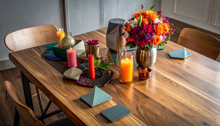 Interior of a modern dining room with wooden table, flowers and candlesの素材