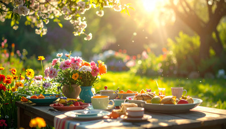 Breakfast in the garden with croissants, fruits and flowersの素材