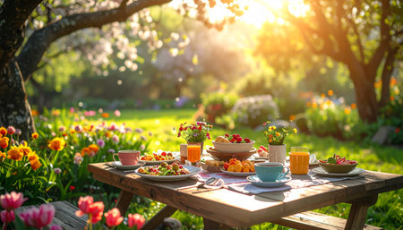 Breakfast in the garden with fresh fruit and juice on a wooden tableの素材