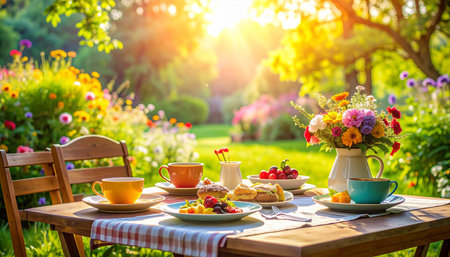 Romantic breakfast in the garden with fresh fruits, coffee and croissantsの素材