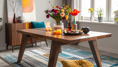 Modern dining room with wooden table, chairs and bouquet of flowersの素材