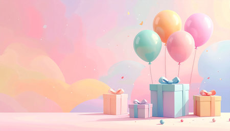 Gift boxes and balloons on pastel background. 3d illustrationの素材