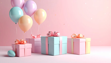 Gift boxes with balloons and confetti on pastel background. 3D Renderの素材