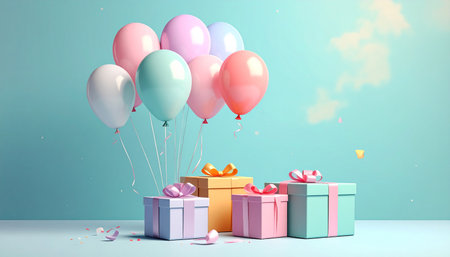 Gift boxes and balloons on pastel background. 3d renderingの素材