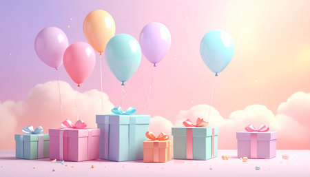 Gift boxes with colorful balloons and confetti. 3d renderingの素材