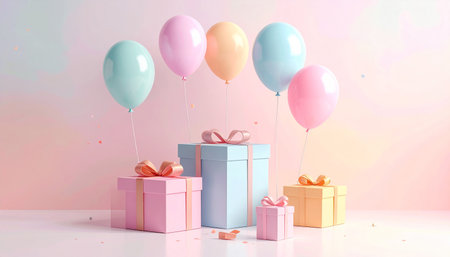 3d render of colorful gift boxes and balloons on pastel backgroundの素材