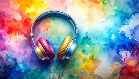 Modern headphones on colorful watercolor background. Music concept. 3D Renderingの素材