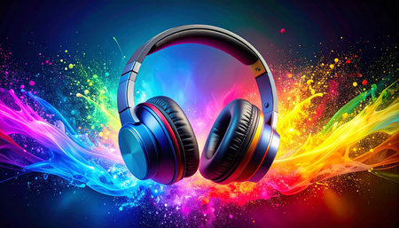 Headphones with abstract colorful smoke background. Music concept. Vector illustrationの素材