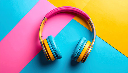 Headphones on colorful background. Music concept. Flat lay, top viewの素材