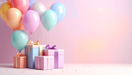 Gift boxes with balloons on pastel background. 3D Renderの素材