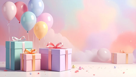 Gift boxes with balloons and confetti on pastel background. 3d renderingの素材