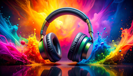 Headphones and colorful splashes on black background. 3d renderingの素材