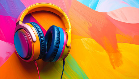 Headphones on colorful background. Music concept. 3D Renderingの素材